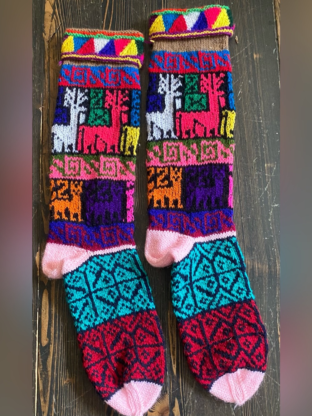 Artisan Multicolor Patterned Wool Blend Socks - Pink, Teal, Red, Purple, Orange
